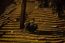 Un hombre espera a la sombra del muro fronterizo de Estados Unidos. Espera en Playas de Tijuana, donde los migrantes han encontrado un punto para cruzar a Estados Unidos cuando la patrulla fronteriza se aleja.