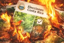 Muestra una boleta electoral en llamas con imágenes de naturaleza